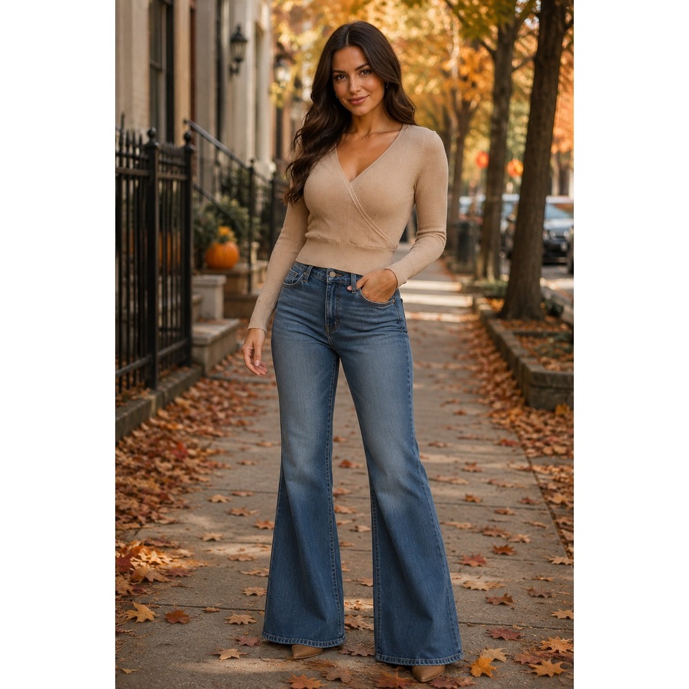 Hippie Rose Tan Beige Ribbed Surplice Wrap V-Neck Long Sleeve Sweater Large